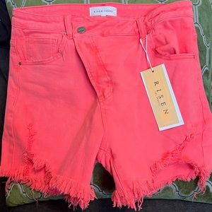 Coral pink denim shorts